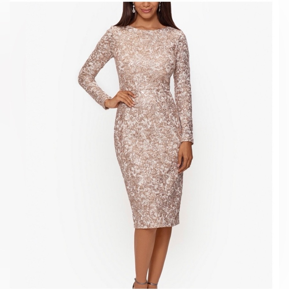 Xscape Midi Shimmer Lace Long Sleeve cocktail wedding guest Dress